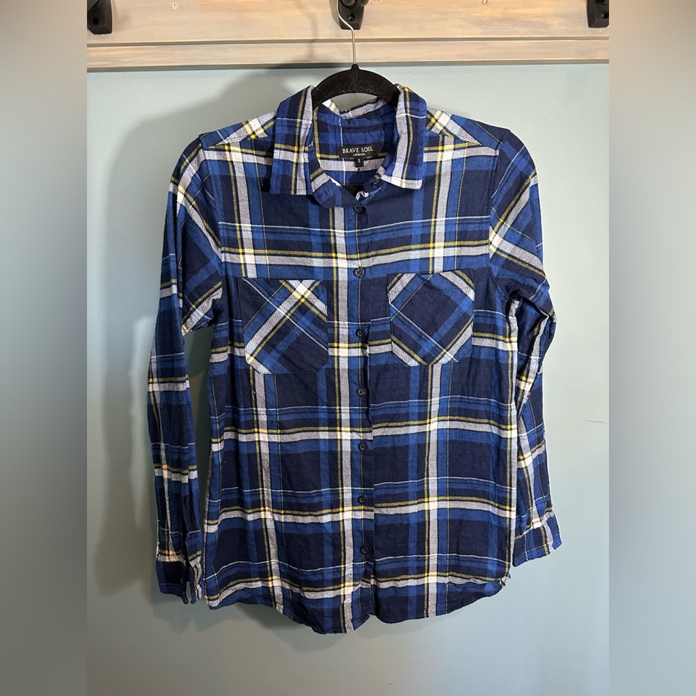 Brave Soul Dark Blue/Yellow/White Plaid Button Up Long Sleeve Flannel Shirt